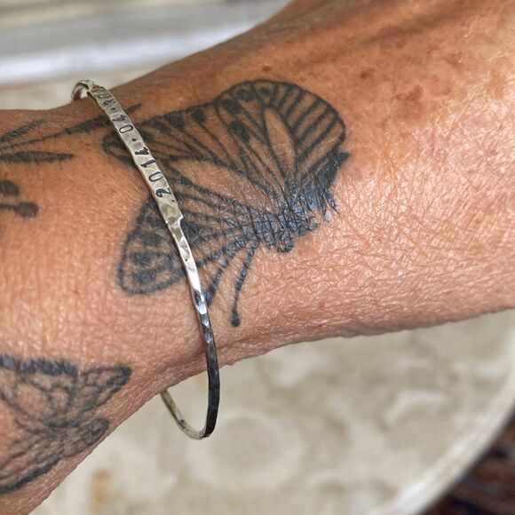 925 Sterling Silver Handcrafted Engraved Date Bangle Bracelet, Hammered, Skinny - Picture 5 of 9